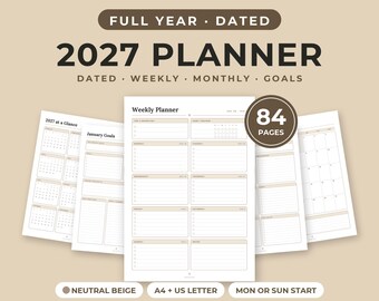 Agenda 2027 à imprimer, daté, hebdomadaire et mensuel, débutant le dimanche ou le lundi, beige neutre, format A4 ou Lettre