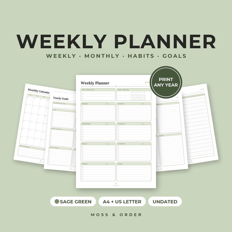 Ultimate Home Bundle Printable, Weekly Planner, Cleaning Schedule, Meal Planner, Home Binder, Kids Chore Chart, Sage, A4 Letter image 3