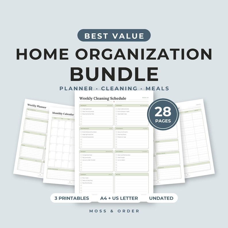 Home Organization Bundle Printable, Weekly Planner, Cleaning Schedule, Meal Planner, Grocery List image 1