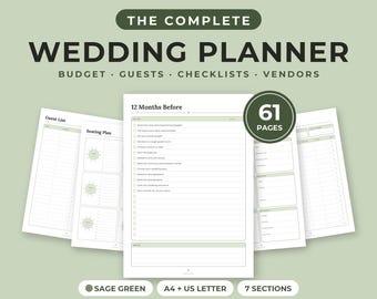 Carnet de mariage à imprimer, 61 pages, budget, liste d'invités, checklist, plan de table, couleur sauge, formats A4 et Lettre US (PDF)