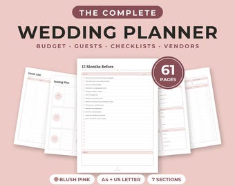 Carnet de mariage à imprimer, 61 pages, budget, liste d'invités, checklist, plan de table, rose poudré, formats A4 et Lettre US (PDF)