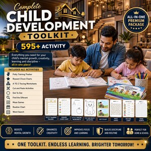 May include: A Complete Child Development Toolkit featuring 595+ activities including a potty training tracker, reward chore charts, A to Z tracing worksheets, cut and paste activities, dot to dot, find the different, maze games, routine charts, and word search.