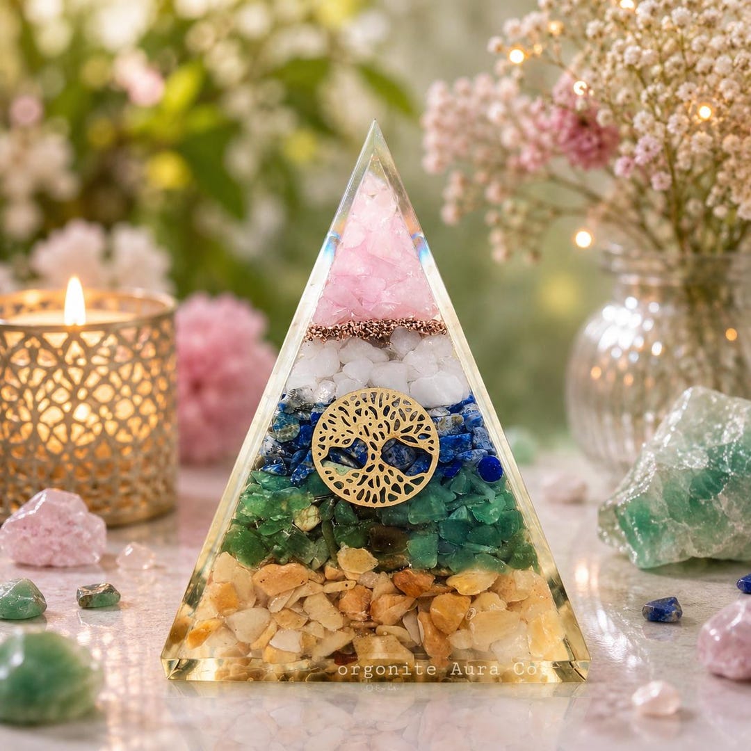 Rose Quartz Orgonite Pyramid With Tree of Life, Crystal Chips Home ...