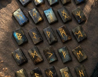 Handmade Labradorite Rune Stone Set | 25 Norse Viking Runes | Engraved Crystal Divination Set | Rune Reading | Spiritual Gift