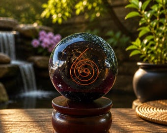 Puede incluir: Una esfera de cristal de orgonita transparente con un diseño de espiral de cobre, apoyada sobre un soporte de madera oscura. La base está inscrita con "orgonite Aura Co". El fondo presenta una escena exterior borrosa con una cascada y vegetación.