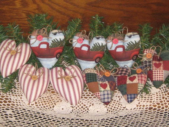 9 Christmas Fabric Hearts Red Trucks Dark Red Ticking Etsy