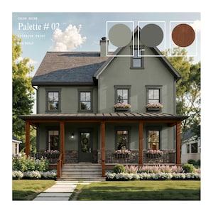 May include: A two-story house painted in a muted green with dark trim and a covered porch. The image includes a color guide labeled "Palette #02 Exterior Paint" with three color swatches. The house has a stone base and flower boxes.