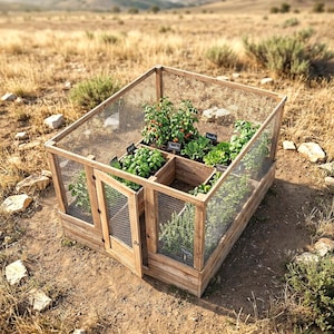 Può includere: Un'aiuola rialzata in legno con una parte superiore in rete metallica e una porta. Il letto è diviso in sezioni, ognuna contenente piante diverse, tra cui pomodori ed erbe aromatiche. Il giardino è all'aperto.