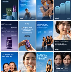 Pode incluir: Uma colagem digital da marca Hale, exibindo frascos de suplementos roxos, bolsas e gráficos informativos. As imagens incluem texto sobre programas GLP-1, estatísticas de satisfação dos membros e fotos de estilo de vida de várias pessoas.