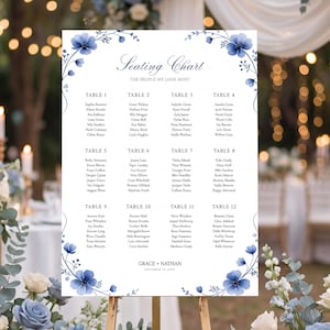 May include: A white wedding seating chart sign featuring blue watercolor floral illustrations at the top and bottom corners. The text reads Seating Chart, The People We Love Most, lists tables 1 through 12 with names, and Grace + Nathan September 19, 2025.