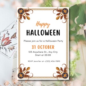Digitale Einladung zur Halloween-Party (bearbeitbar), dekorative Herbst-Einladung (5x7 Zoll), elegante Herbst-Canva-Vorlage zum Ausdrucken