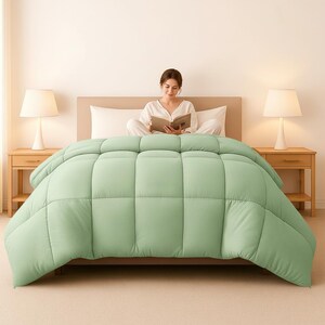 Op de afbeelding: Een lichtgroen, gewatteerd dekbed op een bed. Het dekbed heeft een rasterpatroon. Een persoon zit op het bed een boek te lezen. Twee nachtkastjes met lampen staan aan weerszijden van het bed.