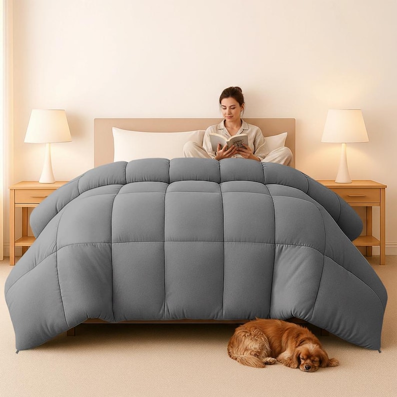 Op de afbeelding: Een grijze, gewatteerde dekbedovertrek bedekt een bed, met een persoon die een boek leest. Twee nachtkastjes met lampen flankeren het bed. Een hond rust op de vloer onder het bed. De dekbedovertrek is effen van kleur en heeft een gestikt, rasterachtig patroon.