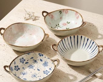 Japanese Floral Ceramic Soup Bowls with Handles – Set of 4 Pasta Salad Bowls