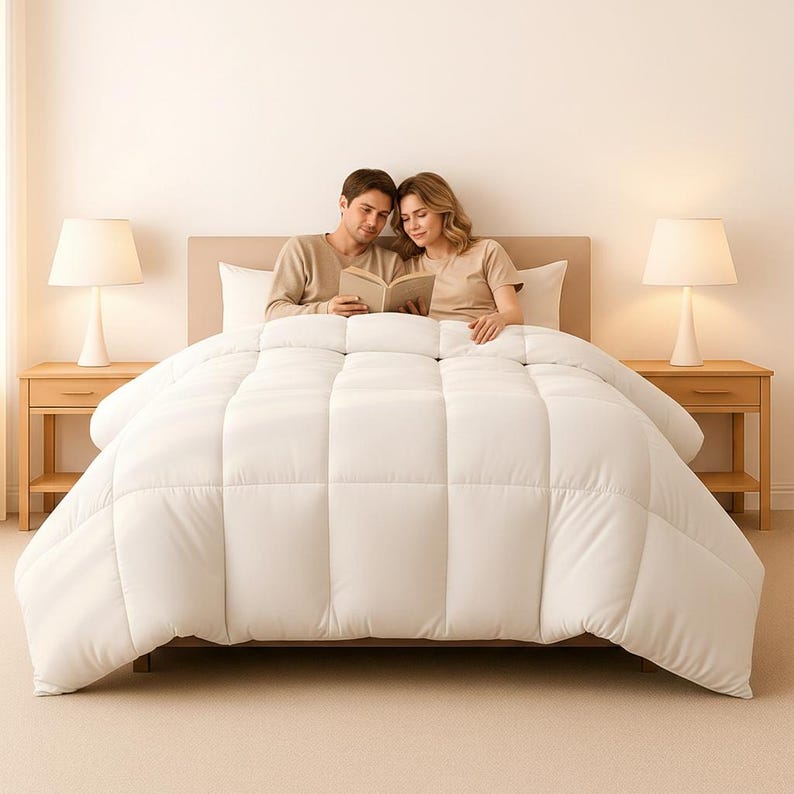 Op de afbeelding: Een wit, gewatteerd dekbed bedekt een bed, met een stel dat een boek leest. Het bed wordt geflankeerd door twee houten nachtkastjes met witte lampen. De kamer heeft een neutraal kleurenpalet, wat een gezellige en uitnodigende sfeer cre&euml;ert.