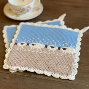 Gebreide pannenlappen schapen, handgemaakt van katoen, schapenmotief, Cottagecore pannenlappen