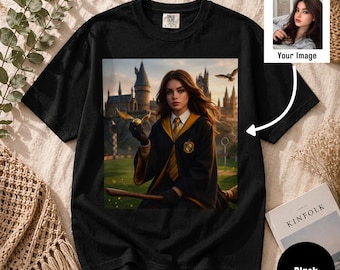 Comfort Colors Personalized Wizard Portrait Unisex T-Shirt, Hogwarts Style Gift, Custom Photo Shirt