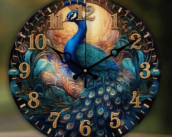 Peacock Natural Wood Wall Clock: Rustic Farmhouse Decor, Silent Quartz Movement