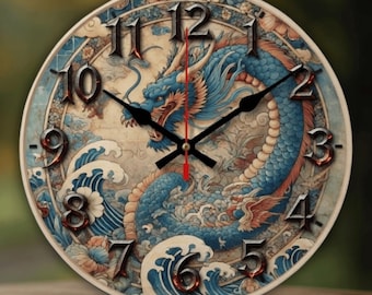 Japanese Dragon Wood Wall Clock, Asian Ocean Wave Art, Rustic Home Decor