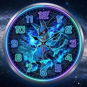 May include: A round wall clock with a silver frame and a dark blue face. The clock features a neon blue and purple design of a Lucario character. The numbers are in a digital font, and the hands are black.