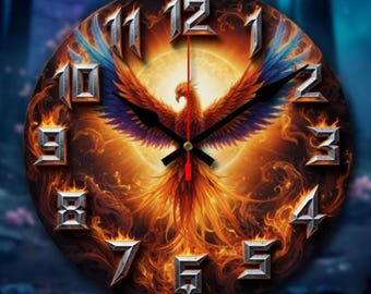 Phoenix Fire Wall Clock: Natural Wood, 2D Print Art, Silent Movement Home Decor
