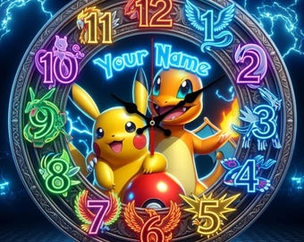 Reloj de madera personalizado con diseño de criatura de anime – Reloj de pared de neón con nombre personalizado (10x10, 12x12)