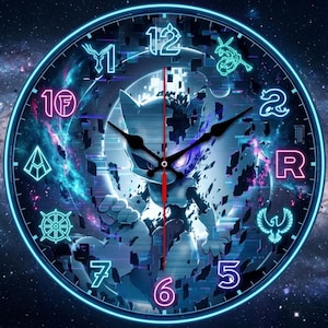 May include: A round wall clock with a neon blue border and a galaxy-themed background. The clock face features a stylized character in the center, with glowing neon numerals and symbols marking the hours. The clock hands are black.