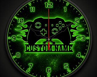 Gamer Controller Wall Clock: Custom Name, Neon Green Flames, Silent Quartz Movement