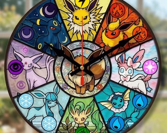 Orologio da parete in legno stile vetrata con Eeveelution – Creature fantastiche (25x25 cm, 30x30 cm)