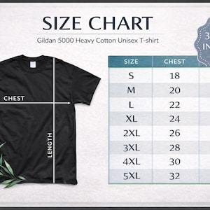 May include: A black Gildan 5000 Heavy Cotton Unisex T-shirt with a size chart. The chart includes chest and length measurements in inches for sizes S through 5XL. The image also states that 3 styles are included.