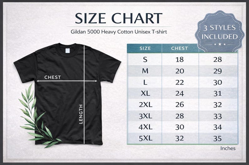 May include: A black Gildan 5000 Heavy Cotton Unisex T-shirt with a size chart. The chart includes chest and length measurements in inches for sizes S through 5XL. The image also states that 3 styles are included.