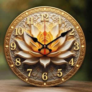 May include: A round wall clock with a gold-colored frame and a cream-colored face. The clock features a 3D lotus flower design in shades of yellow and white. The numbers are gold, and the hands are black with a red second hand. The clock is approximately 12 inches in diameter.