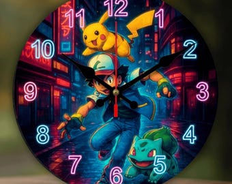 Anime Neon City Wood Clock – Electric Creature Art, Gaming Decor (10x10, 12x12 Inches)