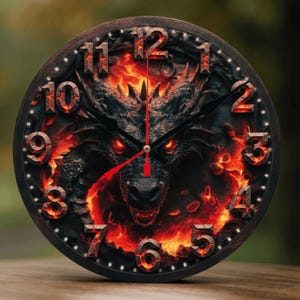 Dragon Fire Wall Clock – 2D Printed Natural Wood Art Home Decor