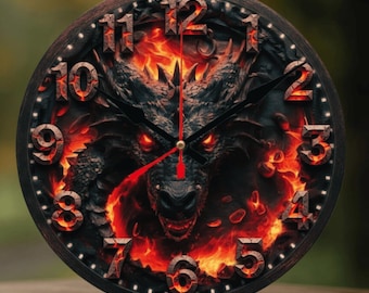 Dragon Fire Wall Clock – 2D Printed Natural Wood Art Home Decor