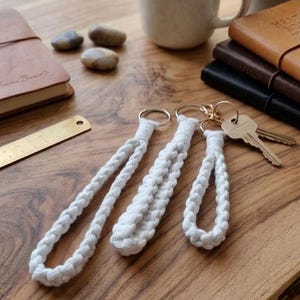 Set of 3 Handmade White Macrame Loop Keychains Boho Keyring Hand knotted Cotton Accessory Car Key Holder Bag Charm Gift Idea for Women Her