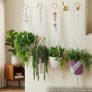 Op de afbeelding: Vier macramé plantenhangers met houten ringen en decoratieve kralen, elk met een ander soort groen. De potten zijn wit en paars. De afbeelding bevat de tekst "Styling Example - Not the exact item for sale".