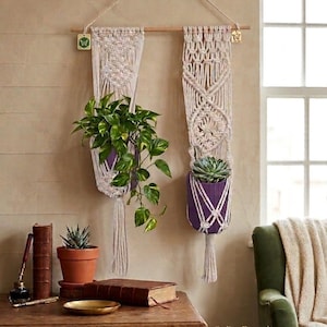 Double Macrame Plant Hanger with Pots -Boho Wall Hanging Decor - Handmade Sorcery Indoor Garden - Housewarming Gift for Plant Lovers