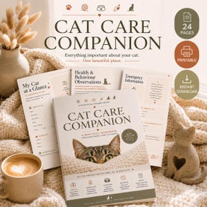 Puede incluir: Un libro de trabajo Cat Care Companion con la cara de un gato atigrado en la portada, rodeado de páginas impresas con secciones para salud, comportamiento e información de emergencia. El conjunto incluye 24 páginas para el cuidado felino.