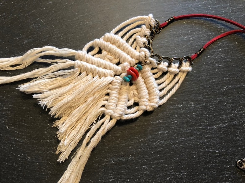 Red coral and turquoise macrame necklace