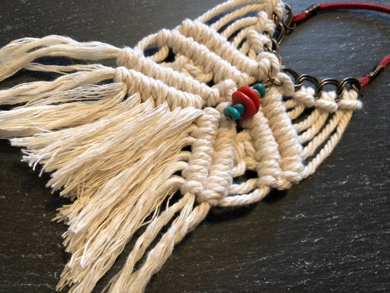 Red coral and turquoise macrame necklace