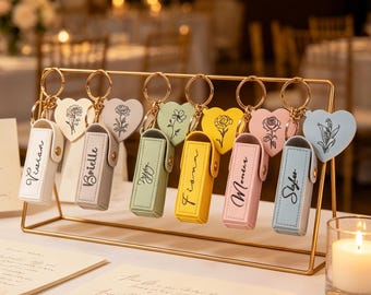 Personalized Birth Flower Lip Balm Holder Keychain – Custom Name Vegan Leather Lipstick Case