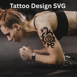 May include: Black and white tattoo design of a snake and rose on an arm. The image includes the text "Tattoo Design SVG" at the top. The person is in a plank position.