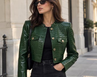Lederjacke mit Krokodilprägung, grüner exotischer Bikermantel für Damen, luxuriöse Reptilienstruktur, Vintage-Modejacke, verzollt in den USA