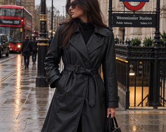 Women’s Leather Trench Coat, Long Black Leather Coat, Belted Overcoat, Fashion Jacket, Stylish Outerwear, Vintage Inspired USA DUTY PAID