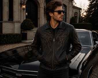 Ralph Lauren AVIREX Inspired Leather Jacket, Black Vintage Flame Biker Jacket, Western Motorcycle Coat, Gothic Streetwear, USA Duty Paid