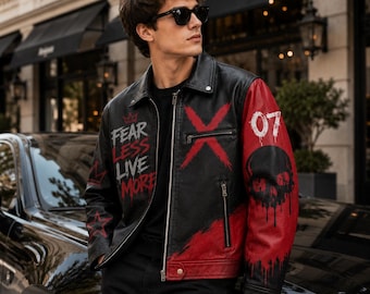 AVIREX Schott NYC Inspired Leather Jacket, Black Red Graphic Biker Jacket, Punk Motorcycle Coat, Vintage Streetwear Jacket, USA Duty Paid