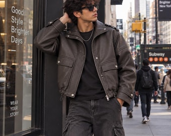 Oversized Leather Jacket, Vintage Biker Jacket for Men, Charcoal Gray Leather Coat, Retro Streetwear Moto Jacket, USA Duty Paid