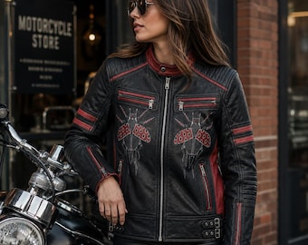 AVIREX The North Face Inspired Leather Jacket, Women's Black Red Biker Motorcycle Jacket, Vintage Punk Rock Streetwear Coat, USA Duty Paid