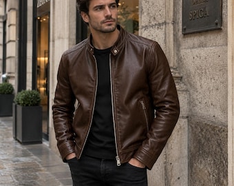 Motorcycle Jacket, Italian Leather Jacket, Men's Brown Vintage Biker Jacket, Genuine Leather Moto Coat, USA Duty Paid